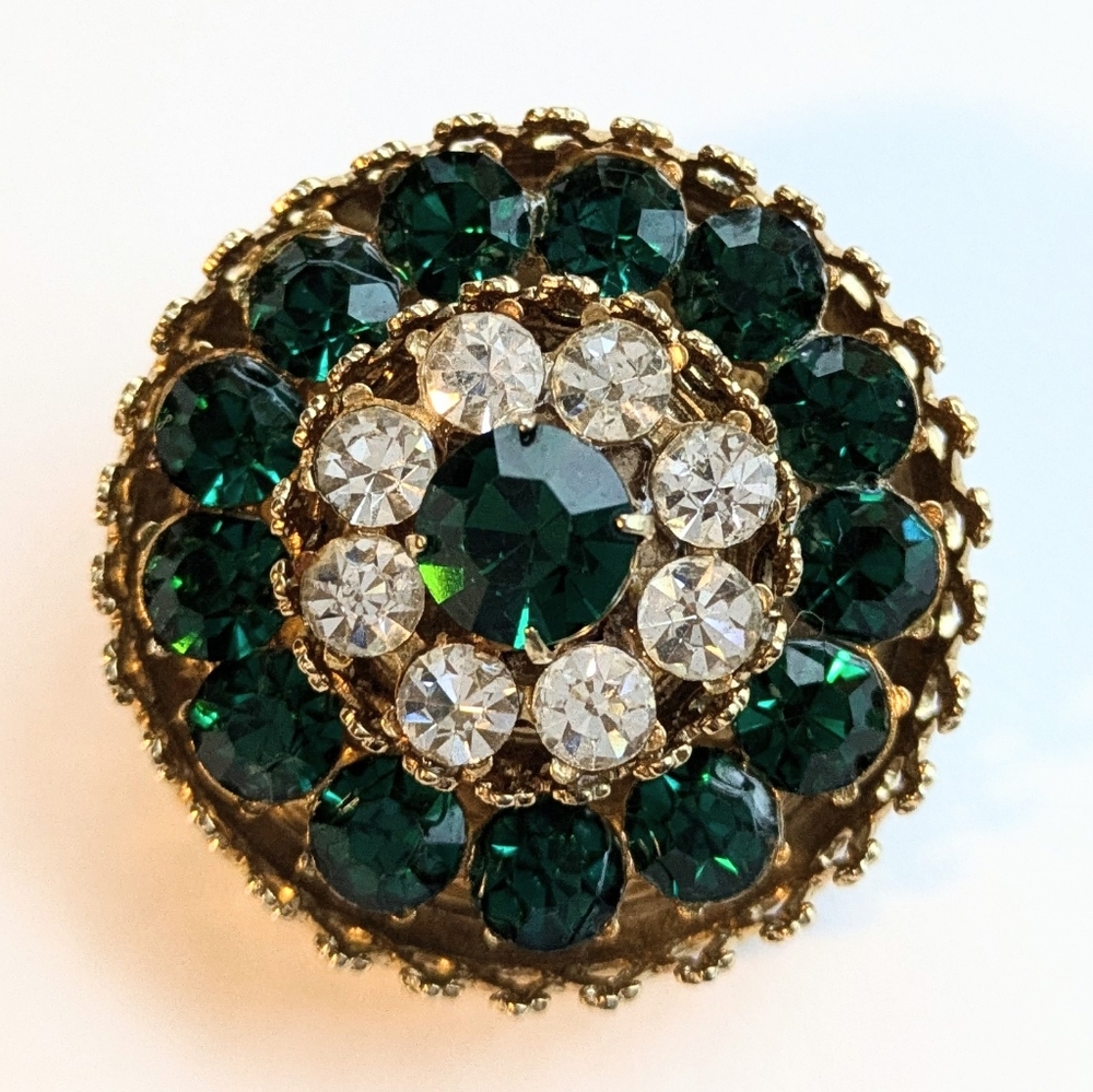 Vtg 1940 Signed Coro Green Clear Layered Cake Glass Rhinestone Pin Brooch